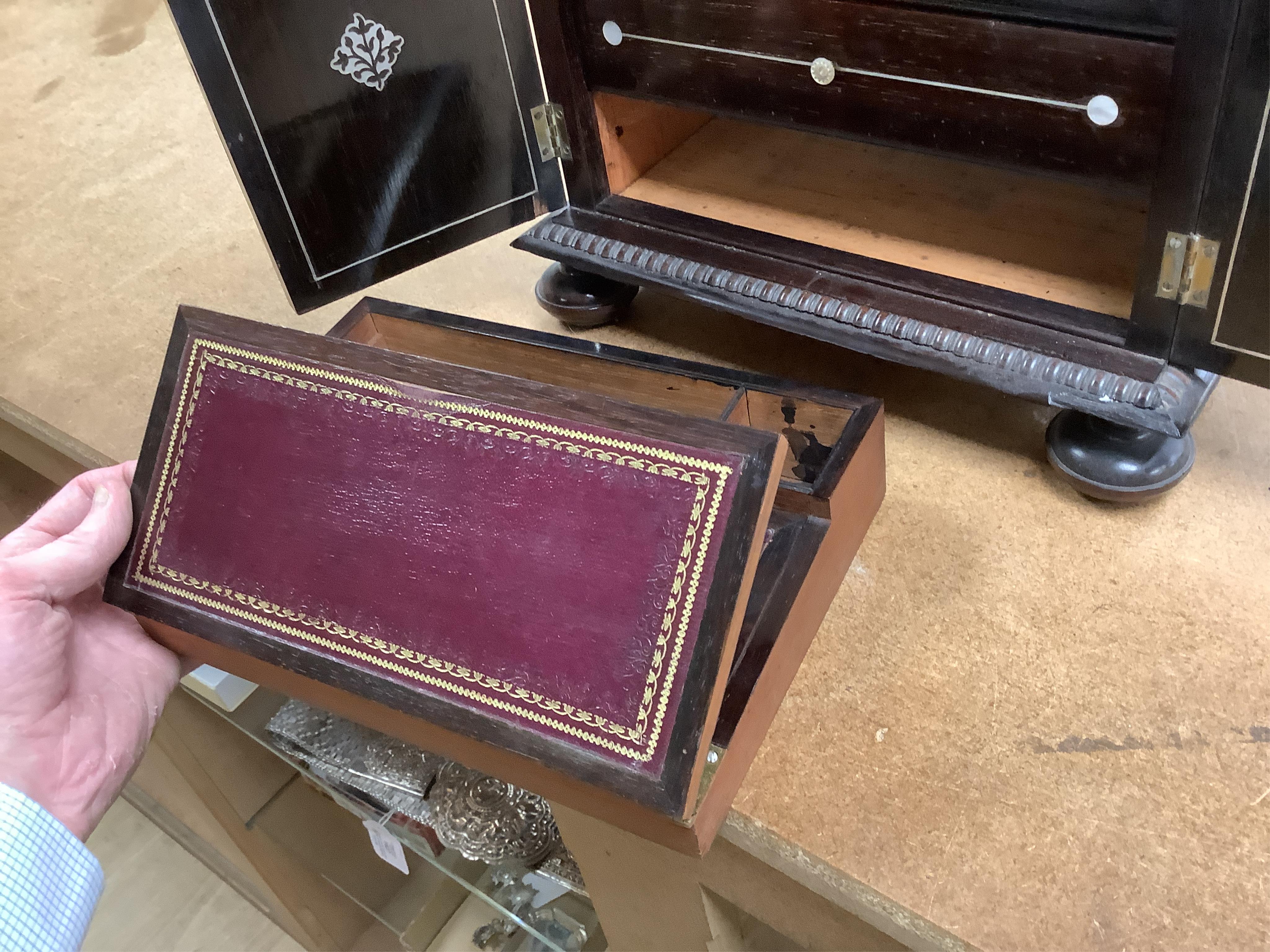 A William IV rosewood and mother of pearl inlaid sewing and writing cabinet with tooled Moroccan leather fitted interior, 37cm high